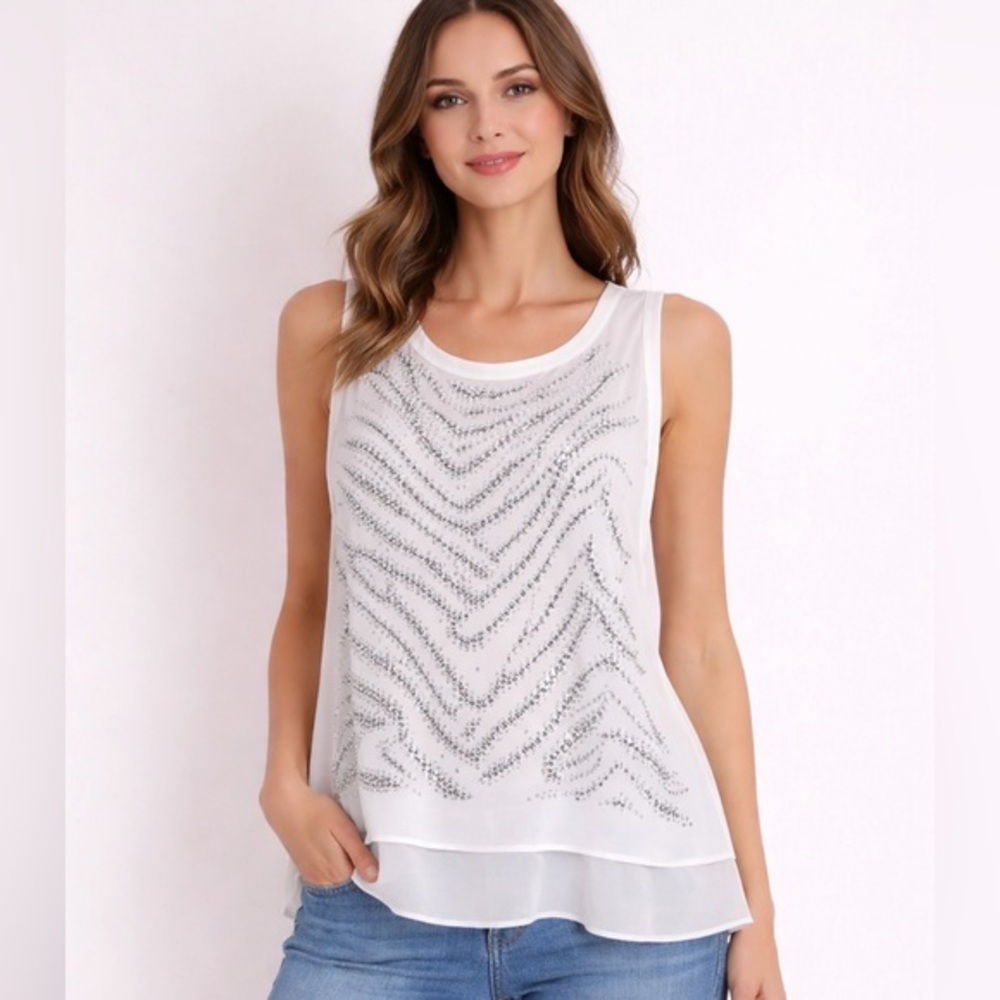 Rebecca Taylor Embellished White Sleeveless Layered Silk Top